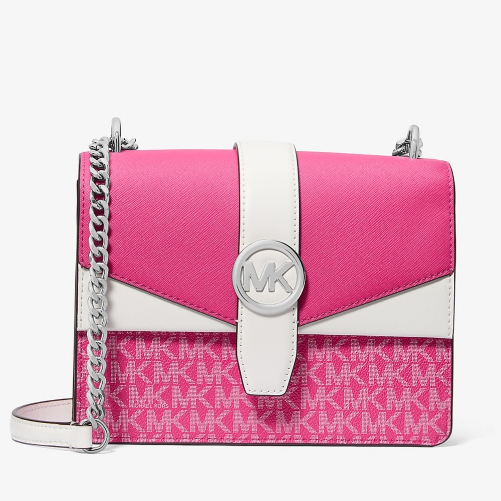 🩷NWT Michael Kors Hot Pink and White Monogram Color-Block Shoulder Crossbody Bag